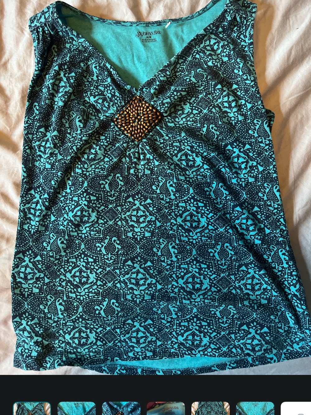 St. John's Bay Turquoise and Black Geometric Sleeveless Tank with Beaded Accent